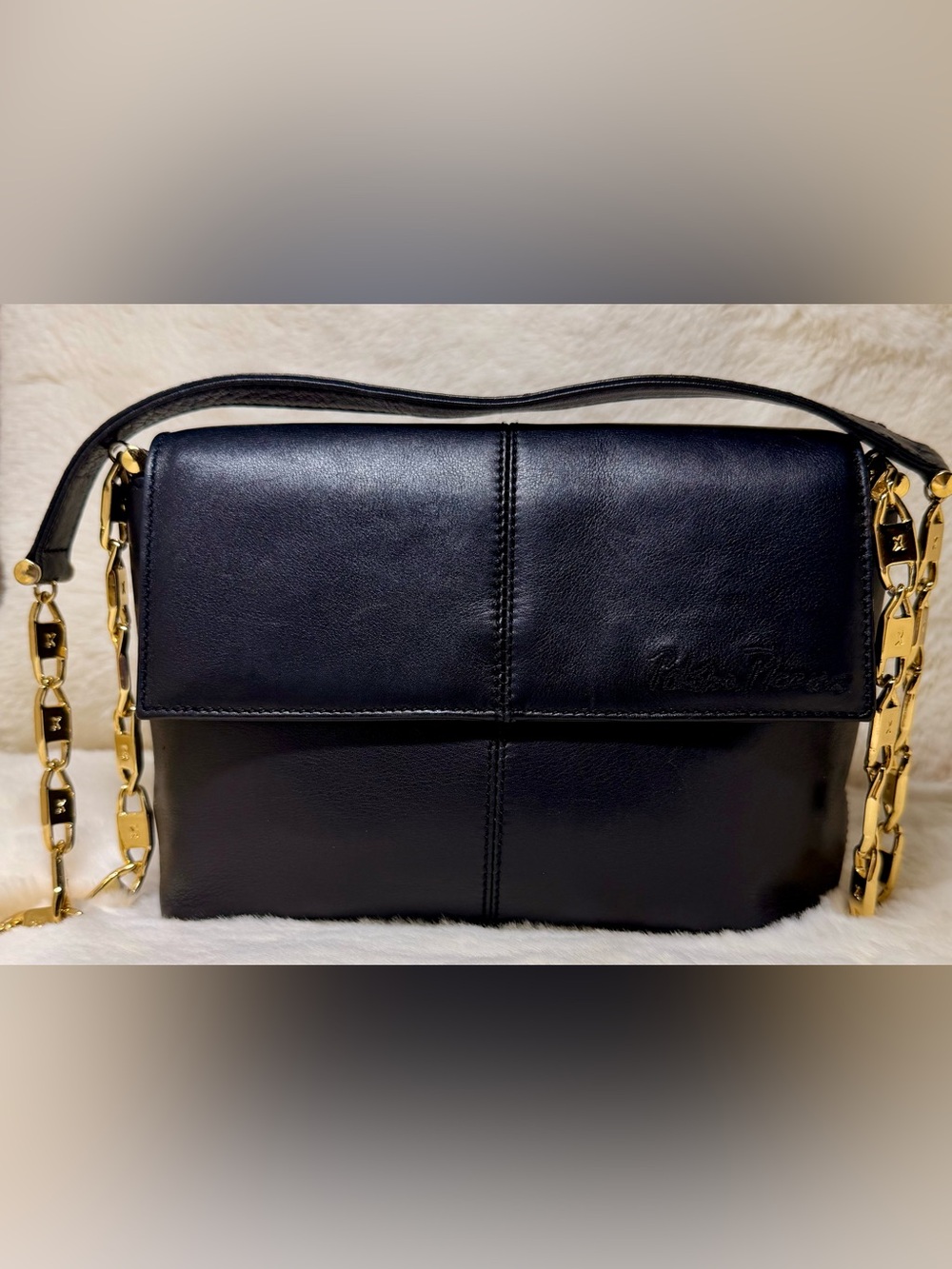 Vintage Paloma Picasso Black Leather Bag w/Gold Chain Strap, Made In Italy